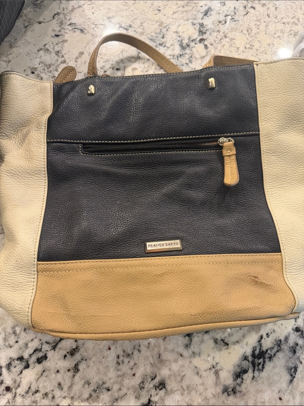 Franco Sarto Tri-Color Leather Shoulder Bag - Black, Cream & Tan
